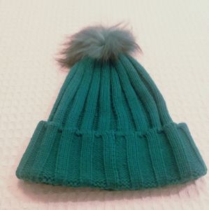 More & More Teal Beanie Hat With Fur Pom Pom